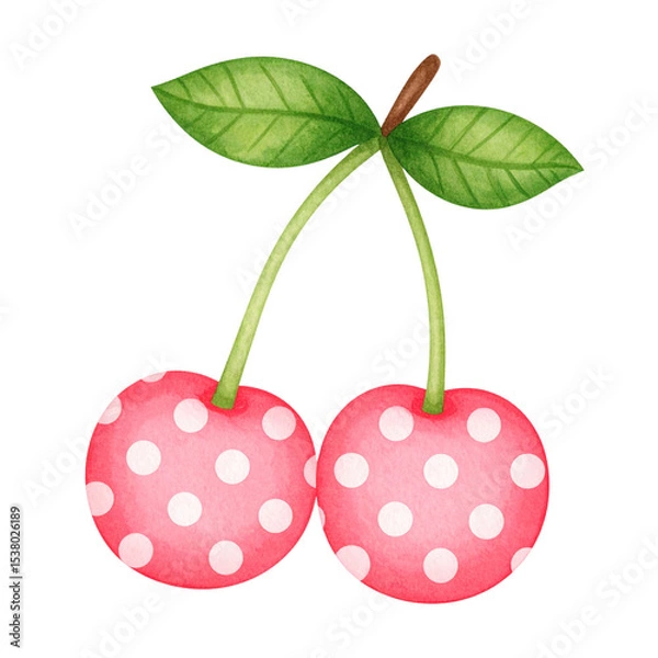 Obraz Ripe red cherries, a sweet fruit illustration with green leaves and stems
