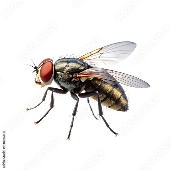 Obraz White background isolated macro close-up of a housefly, a small hairy insect pest with detailed wings and multifaceted eyes