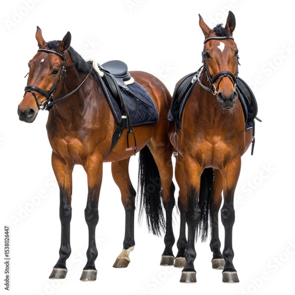 Obraz Two beautiful brown horses, a mare and her foal a white background.