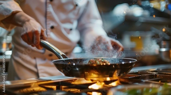 Obraz close-up of a professional chef putting a frying pan on an induction stove before starting to cook burger.