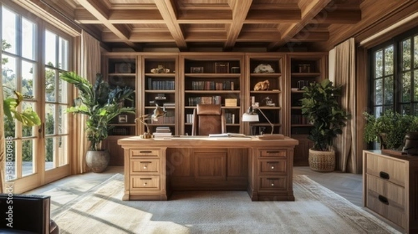 Obraz A home office with wood details, ceiling beams, and green plants feels warm and airy, ideal for focus and creativity.