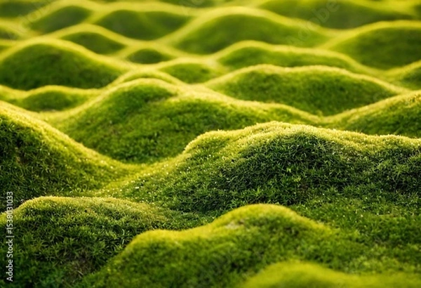 Fototapeta Ethereal Moss Hills: A mesmerizing close-up of undulating moss hills, bathed in the soft glow of daylight, creating a scene of organic tranquility and natural elegance. Ai generated image