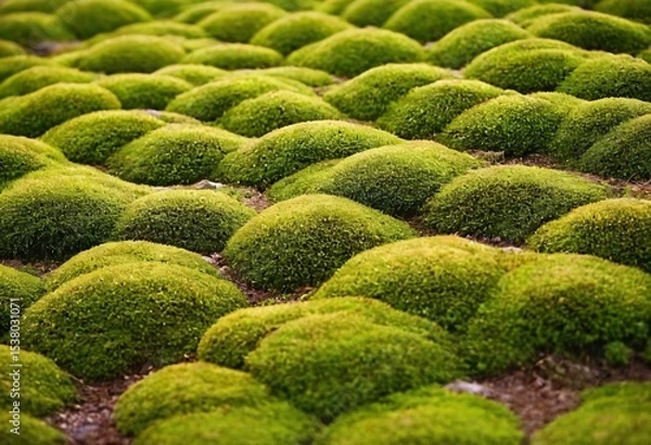 Fototapeta Vibrant Mossy Terrain: A close-up view showcases a sprawling terrain carpeted in a dense, vibrant green moss, offering a captivating glimpse into nature's artistry. Ai generated image