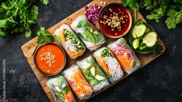 Obraz Flat lay of a fresh spring roll platter with sauces and bright vegetable fillings