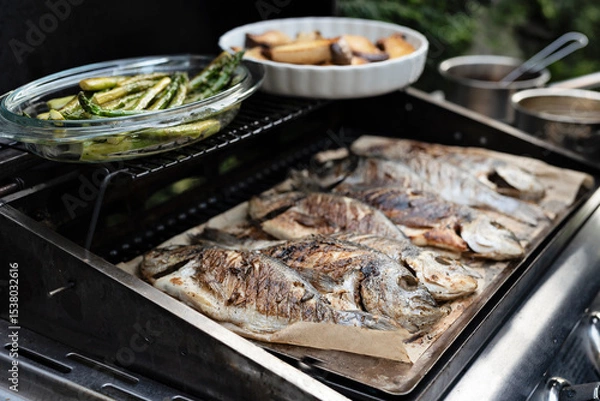 Fototapeta Grilled fish on a grill as a meditteranean meal ready to eat. Dorada fish on a board made during barbecue outdoors. Delicious and healthy food for lunch or main dinner. Close up.