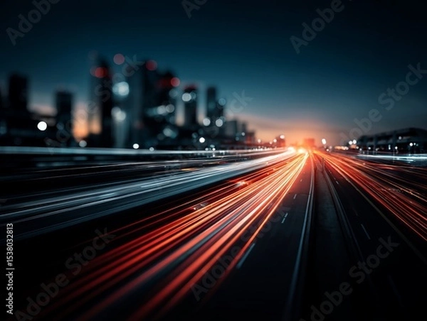 Obraz Blazing light trails stretch through a high-speed highway at night, slicing across a modern city skyline and symbolizing motion, technology, and the relentless pulse of urban life.