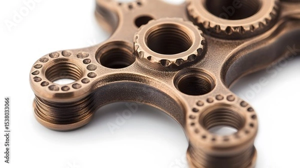 Fototapeta Close up view of a complex bronze metal component with intricate details and circular openings design