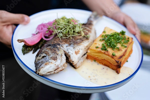 Fototapeta Grilled fish on a plate as a main dinner or lunch ready to eat. Plate on hands of chef with healthy food and dorada fish. Fresh meal in restaurant. Close up.