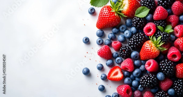 Fototapeta Fresh Mixed Berries on White Background with Space for Text or Design