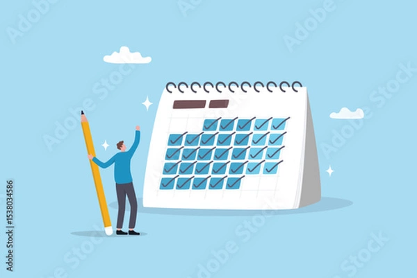 Obraz Consistency, discipline or calendar planning productivity, task organize, routine or deadline, complete checklist reminder or progress concept, businessman holding pencil tick every day on calendar.