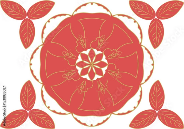 Fototapeta Stylized leaves and flowers in orange-red color in a seamless pattern.