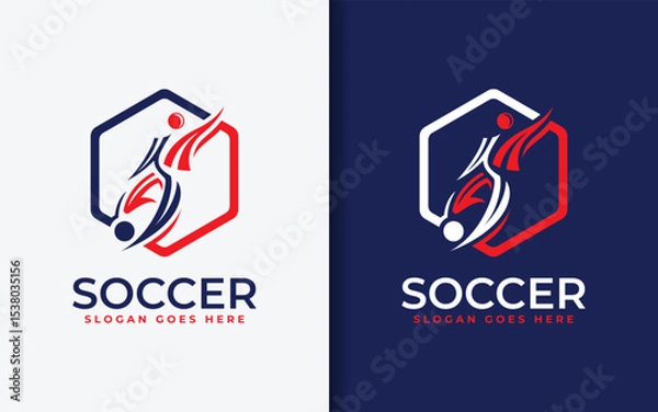 Obraz Abstract soccer logo with kicking player silhouette inside hexagon shape. Sport vector illustration.
