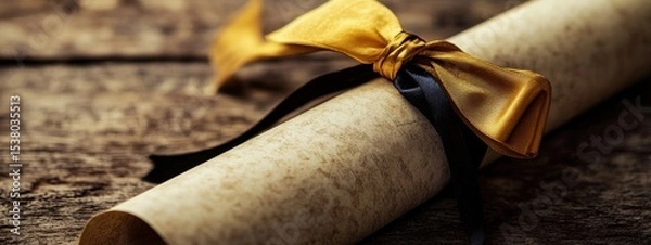 Fototapeta Rolled Parchment Document Tied with Gold and Black Ribbon on Wooden Surface
