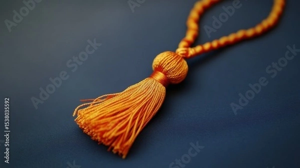 Fototapeta Close up of Amber Orange Tassel and Beaded Cord on Dark Blue Background