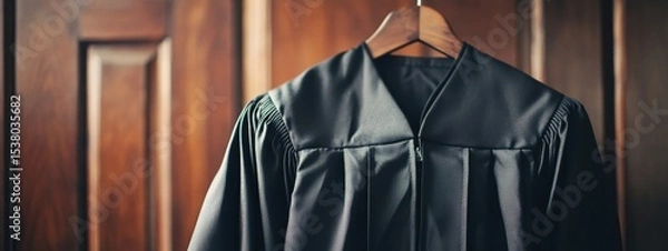 Fototapeta Graduation Gown Hanging on Wooden Hanger Academic Attire Ready for Ceremony