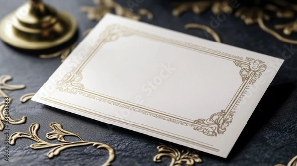 Fototapeta Elegant Gold Framed Blank Invitation Card Mockup on Dark Background