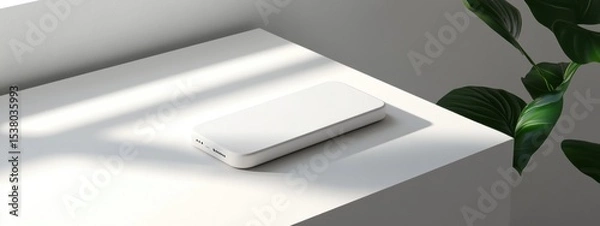 Fototapeta Minimalist White Smartphone Mockup on a Table with Plant Leaves