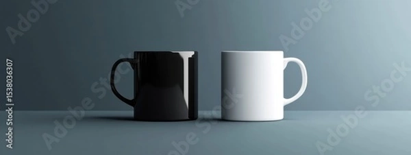 Fototapeta Two Coffee Mugs Black and White on Blue Background Minimalist Design Studio Shot