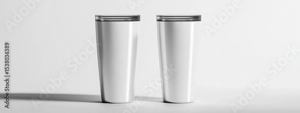 Fototapeta Two Blank White Stainless Steel Tumblers with Lids Mockup Template Design