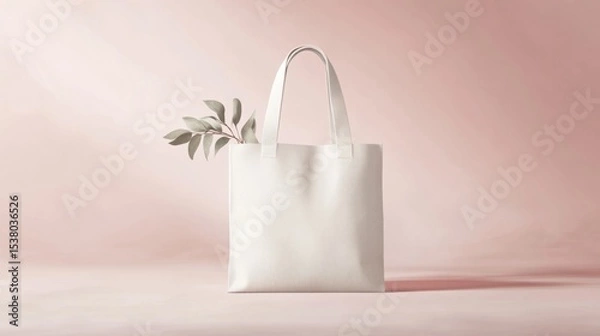 Fototapeta Elegant White Tote Bag Mockup with Greenery on Pink Background