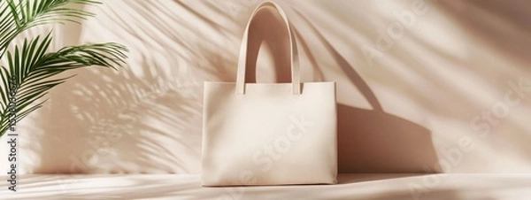 Fototapeta Elegant Beige Tote Bag Mockup Minimalist Style Sunlight Shadows Palm Leaf