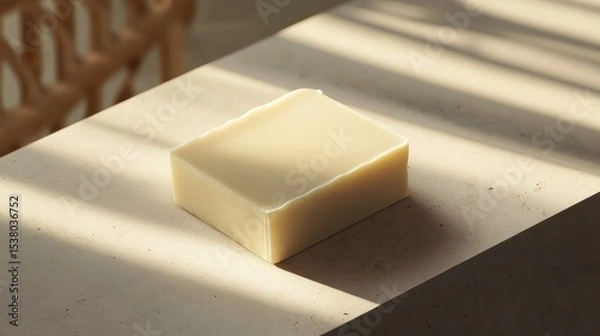 Fototapeta Natural Handmade Soap Bar on Beige Surface Sunlit Minimalist Product Photography