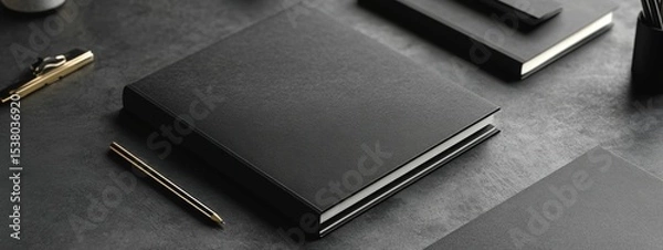 Fototapeta Elegant Black Notebook Mockup Stationery Branding Office Supplies Desk Organization