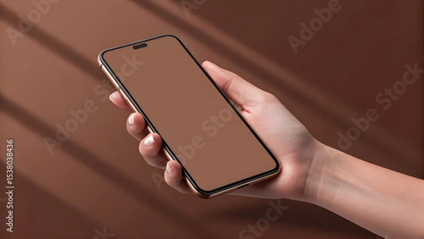 Fototapeta Realistic Smartphone Mockup in Hand on Brown Background – Blank Screen Display

