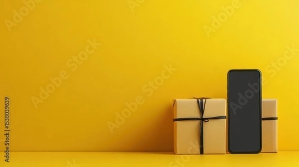 Fototapeta Express delivery service app on a smartphone with a yellow background with copy space on the right side