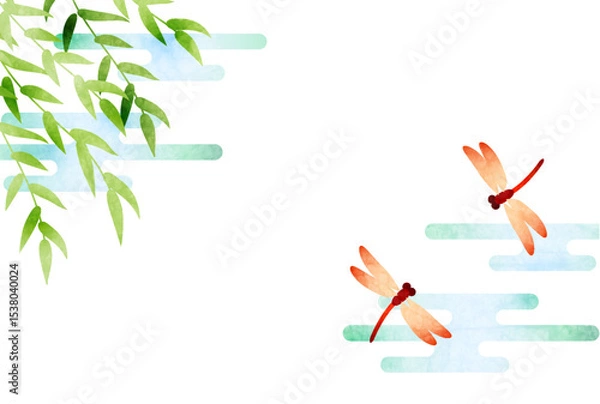 Obraz 柳と赤とんぼの残暑見舞いはがき、横、イラスト、かわいい、和風