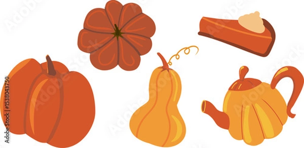 Fototapeta Vector set of pumpkin elements: various pumpkins, teapot, slice of pumpkin pie in warm orange and brown tones. Perfect for autumn decor, Thanksgiving and seasonal design, harvest illustrations.