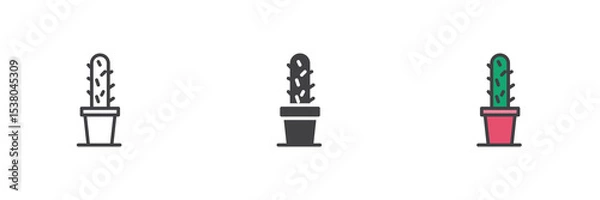 Fototapeta Tall cactus icon set in line, solid and filled outline style