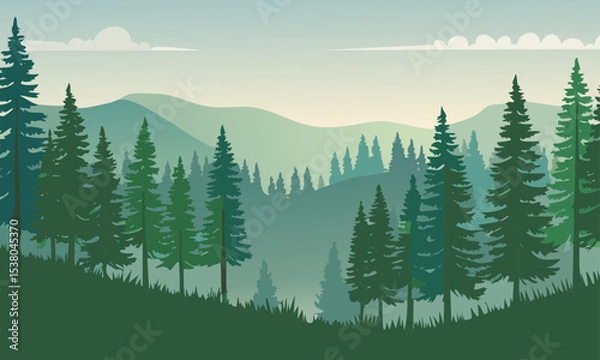 Obraz 霞む山並みと針葉樹の森_02