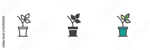 Fototapeta Leafy potted plant icon set in line, solid and filled outline style