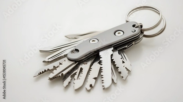 Fototapeta A close up shot of a silver multi tool with various blades attached to a keyring on a white surface