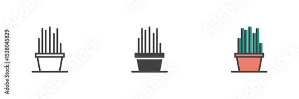 Fototapeta Tall cactus pot icon set in line, solid and filled outline style