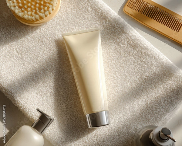 Fototapeta Serene flat lay featuring cream colored tube on soft white towel, surrounded by grooming tools, creating calming and organized atmosphere for personal care