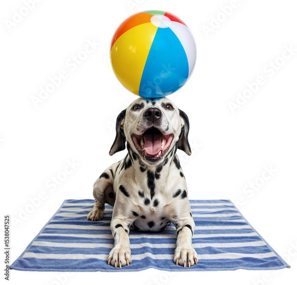 Fototapeta Happy Dalmatian Dog Balancing a Colorful Beach Ball on a Striped Towel