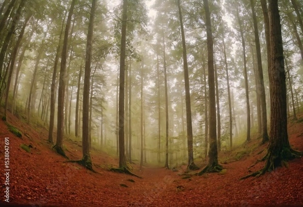 Fototapeta Misty Forest Canopy: Tall, slender trees rise towards a misty canopy, their trunks creating a natural path through a forest floor blanketed with fallen leaves. Ai generated image