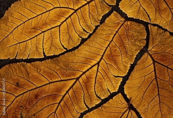 Fototapeta Autumn Leaf Texture: Intricate details of dried autumn leaves, showcasing their veins and golden hues in a close-up shot.  The image is rich in texture and color. Ai generated image