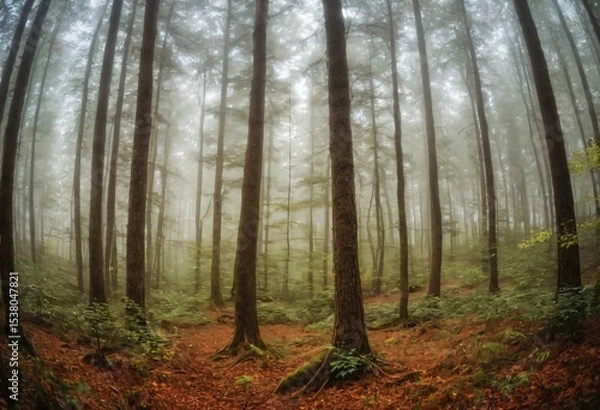 Fototapeta Misty Forest Path: An enchanting path winds through a dense, mystical forest, shrouded in a thick morning mist, creating an ethereal and atmospheric scene. Ai generated image
