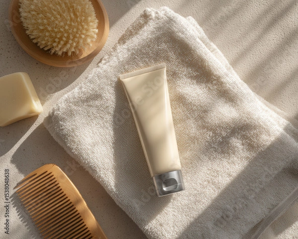Fototapeta Soothing flat lay of cream tube placed on soft towel, surrounded by wooden comb, natural brush, and bar of soap, creating serene and calming atmosphere