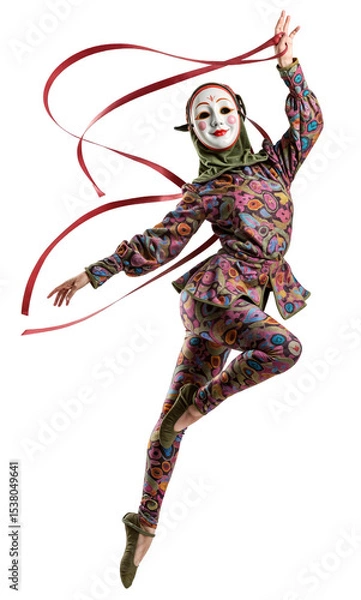 Fototapeta Vibrant Masked Dancer in Colorful Jester Costume with Flowing Red Ribbons