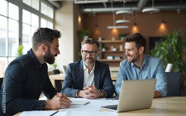 Fototapeta Successful business team are discussing new strategies in office on laptop. Small and medium business development concept. High quality
