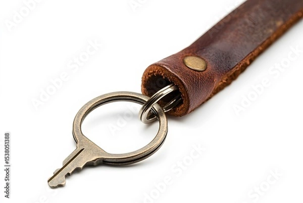 Fototapeta Close up of a metal key attached to a keyring hanging from a brown leather strap on a white background