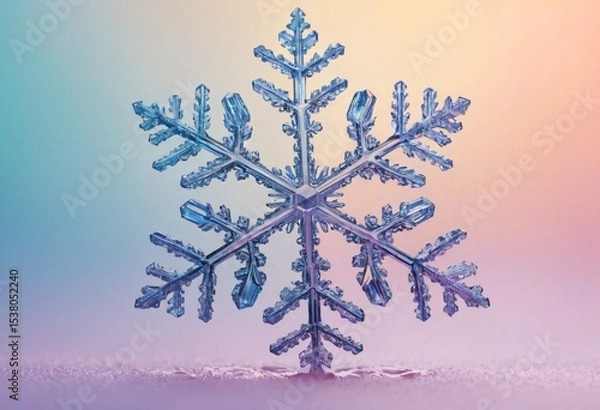Fototapeta Frozen Fractal Beauty: A single, intricate snowflake, a testament to nature's artistry, glitters with icy detail against a softly colored backdrop. Ai generated image