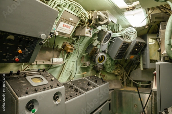 Obraz An intricate area in a U.S. Navy submarine filled with electronic panels, cables, switches, and analog displays. A warning sign and technical instruments highlight Cold War-era systems.