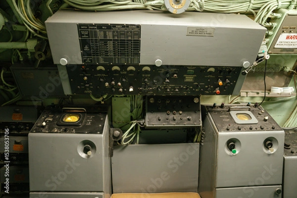 Obraz A close-up view of a radar and signal control unit inside a U.S. Navy submarine. Analog instruments, wires, and warning labels cover the preserved Cold War-era panel.