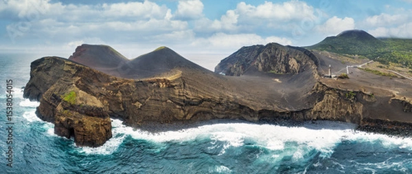 Obraz Aerial view Capelinhos volcano, lighthouse of Ponta dos Capelinhos coast on Faial island