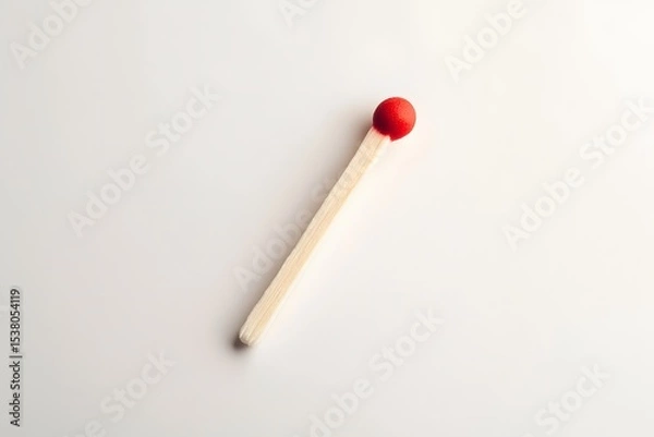 Fototapeta A single matchstick with a red head lying on a white surface in a minimalist composition and style photo